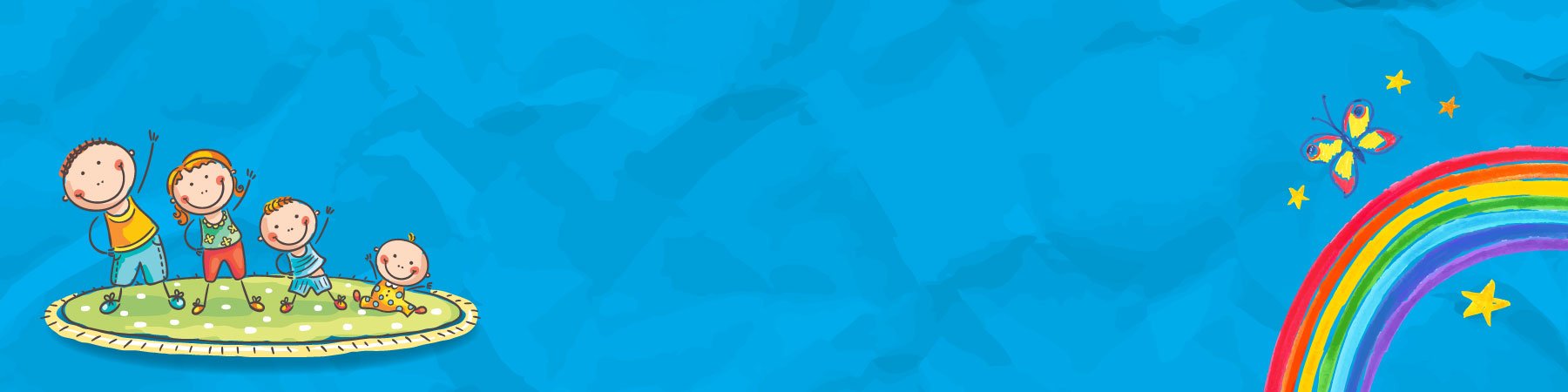 Illustrated family characters and colourful rainbow banner